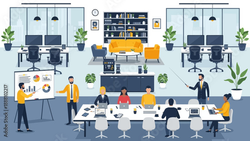 Modern office team collaborating in stylish meeting room with city view