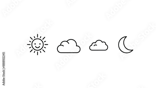 Simple line vector icon set of sun, clouds, and crescent moon, isolated