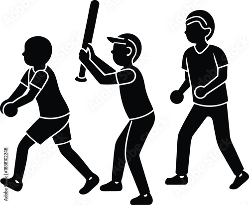Kids playing street cricket line art illustration
