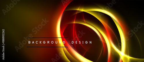 Abstract design features vibrant neon swirls, golden hues, dark background. Modern aesthetic, dynamic composition, elegant presentation.