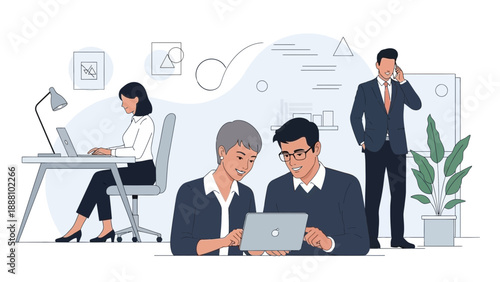 Professionals collaborating in modern office space with laptops