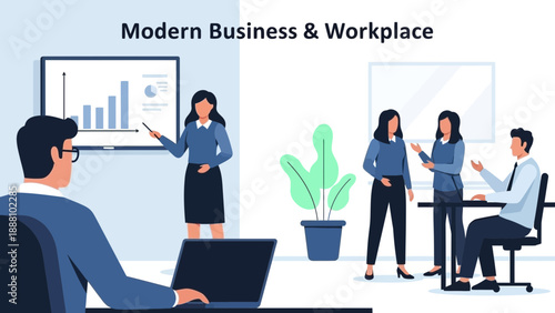 Professionals collaborating in modern office space with presentation