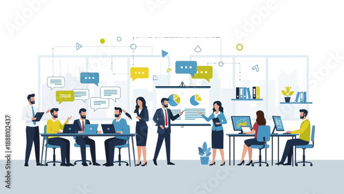 Business team collaborating in modern office space with laptops and presentation