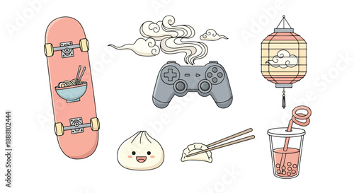 Cute cartoon food and gaming icons with Asian inspired design elements on white background