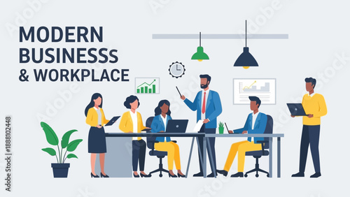 Diverse team collaborating in modern office space with laptops and graphs