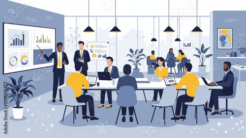 Business team collaborating in modern office space with data presentation