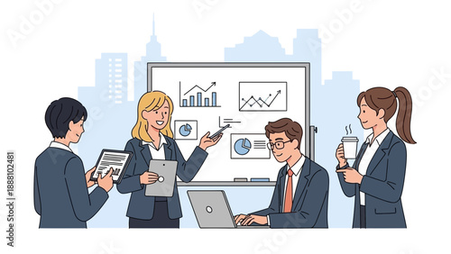 Business team discussing data on whiteboard in modern office