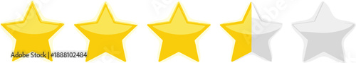 Vector illustration of a five star rating system with three and a half yellow glossy stars for customer feedback review and quality ranking design