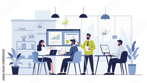 Business team collaborating on project in modern office