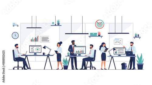 Modern office team collaborating on business project together