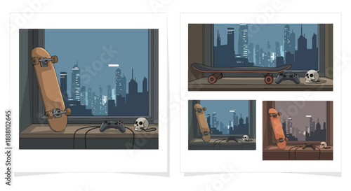 four different polaroid photos skateboard on a windowsill overlooking city skyline