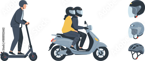 Electric Scooter and Motorcycle Riders Illustration Featuring Urban Transport and Helmets