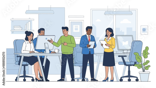 Diverse team collaborating in modern office space