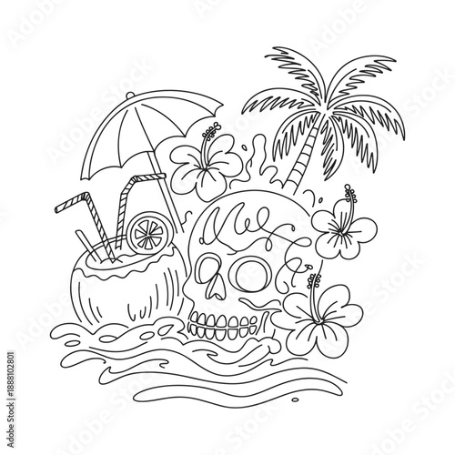 Whimsical tropical beach scene featuring a skullshaped design with a coconut drink and palm tree