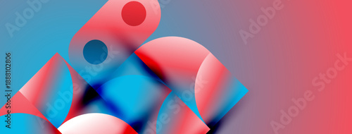 Abstract composition featuring overlapping circles, vibrant blues, reds, gradients. Modern design, smooth transitions, dynamic shapes present.