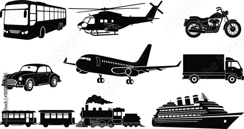 Transportation vehicle silhouette collection with bus, car, airplane, helicopter, train, truck, motorcycle and cruise ship, black white illustration set