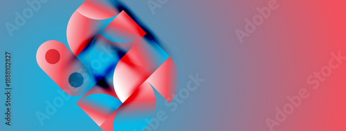 Abstract shapes blend vibrant blues, reds. Gradient background creates dynamic visual effect. Modern design elements suggest innovation, energy.