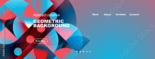 Vibrant abstract geometric background. Website header design features blue, red, turquoise shapes. Text includes geometric background, read more.