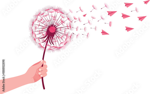 Hand holding pink dandelion releasing paper airplanes on transparent background concept of dreams and future wishes