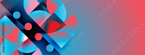 Abstract geometric shapes overlap, creating vibrant color gradients. Red, blue, pink hues dominate composition. Modern design element.