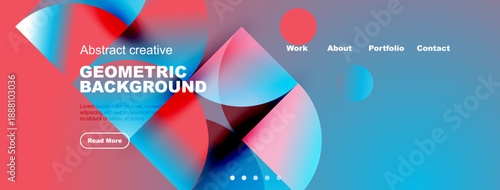 Abstract website header design. Geometric shapes, vibrant colors, text elements present. Navigation menu visible, modern aesthetic.