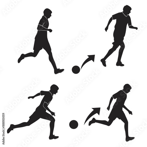Soccer player action silhouette set, football dribbling and running motion vector.