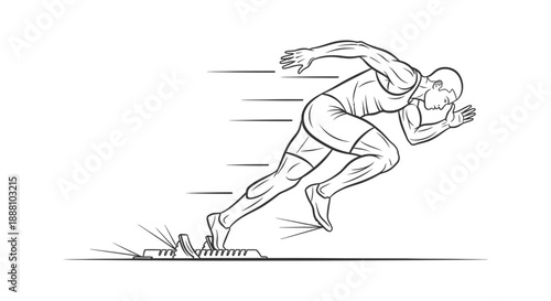 sprinter starting race graphic showing a powerful male athlete exploding from starting blocks illustrating athletic performance and dynamic motion.