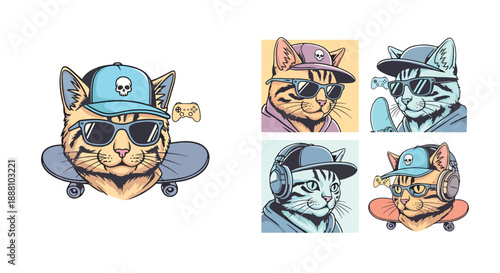 Funny cats wearing sunglasses and hats with skateboards and headphones  cool feline friends