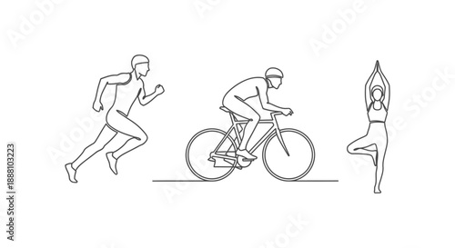 continuous line art sports fitness illustration depicting a runner cyclist and yogi for active healthy lifestyle and modern graphic design.