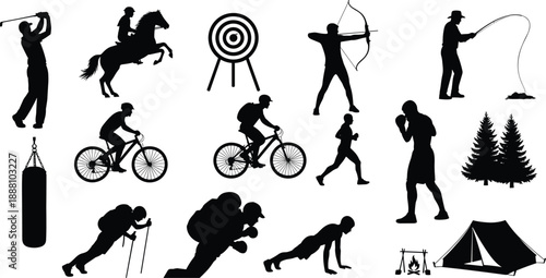 Outdoor sport and activity silhouette set with fitness training, cycling, archery, boxing, camping and adventure lifestyle black white illustration