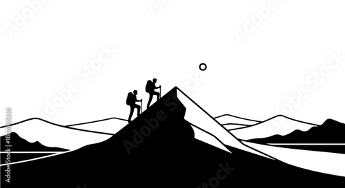 mountain climbing concept with two hikers ascending a stylized peak representing perseverance achievement and overcoming challenges