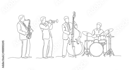 line art jazz band playing music with saxophone trumpet double bass and drums for creative graphic design projects and cultural event promotions