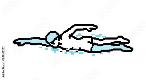 pixel art swimming illustration showcasing a person doing the freestyle stroke in water for sports apps and fitness blogs.
