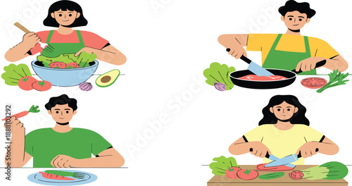 Diverse People Cooking Healthy Food – Vector Kitchen Scenes Collection