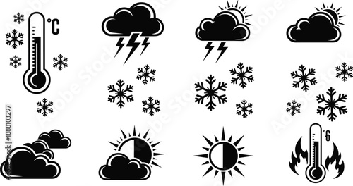 Weather forecast icon silhouette set with temperature thermometer, sun, clouds, thunderstorm and snow symbols, black white meteorology illustration