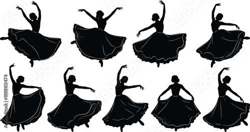 Flamenco dancer silhouette pose set with elegant female movements, traditional Spanish dance performance, flowing dress black white illustration