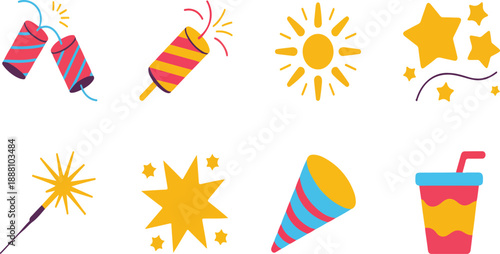 **Party and Celebration Icons – Fireworks, Sparklers, Confetti, Party Horns, and Drinks