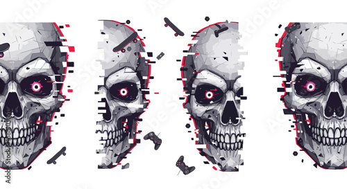Glitch art skulls with pixelated effects and skateboard pieces flying around on white background