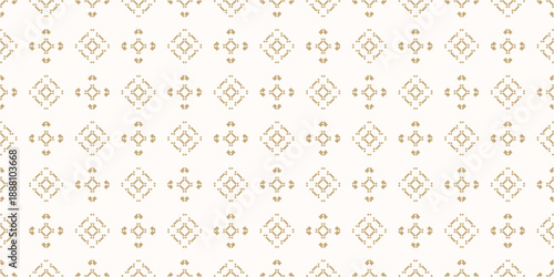 Golden vector geometric seamless pattern in ethnic style. Traditional nordic folk motif. Abstract gold and white texture with small squares, diamonds, flower silhouettes. Repeated luxury background