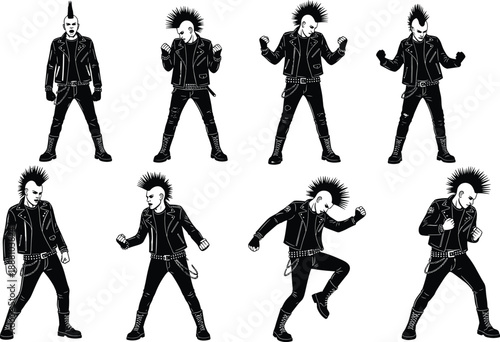 Punk rock dancer silhouette pose set with mohawk hairstyle, rebel street style movement, alternative music culture black white illustration