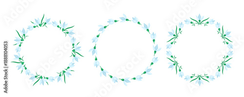 Set of 3 Beautiful Round frames of delicate snowdrop flowers. Natural spring wreath. Isolated vector illustration.