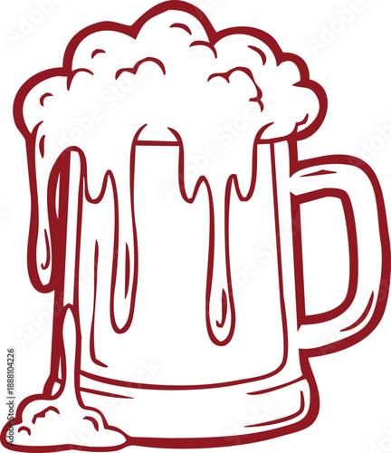 Beer mug overflowing with thick foam and spilling liquid hand drawn vector style
