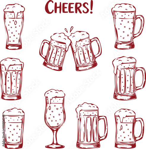 Beer mugs and glasses sketch collection for cheers celebration and pub branding