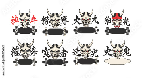 Japanese Oni skulls with skateboards and kanji characters on white background