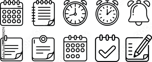 Set of ten black and white outline icons for scheduling, notes, and time management applications