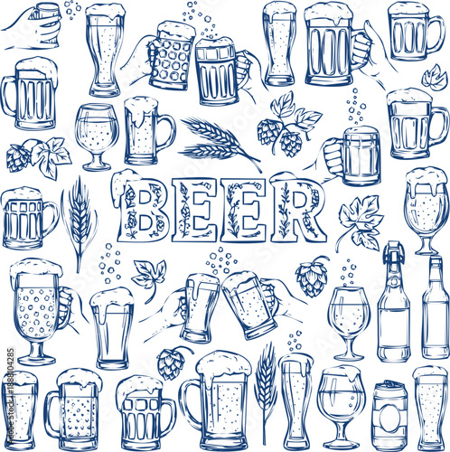 Collection of beer glasses mugs bottles hops and barley text on transparent