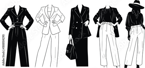 Women business fashion silhouette outfit collection with elegant formal wear, modern office style clothing, minimalist black white illustration set