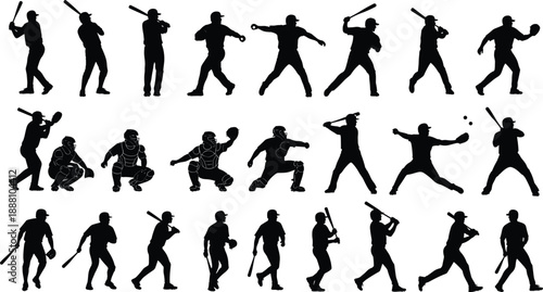 Baseball player silhouette collection showing batters, pitchers and fielders in action poses, isolated scene representing team sport, competition, training, athletic performance