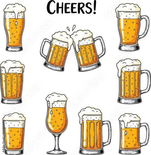 Set of colorful hand drawn beer mugs and glasses with foam for cheers greeting