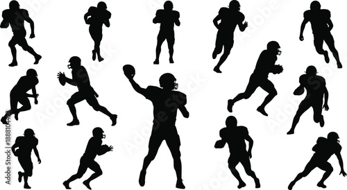 American football player silhouette collection showing athletes running, passing and carrying ball in action poses, isolated scene representing team sport, strength, competition, training